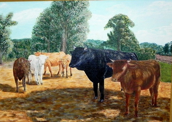 Vaches et taureau-acrylique-huile-toile-8p(46x33)